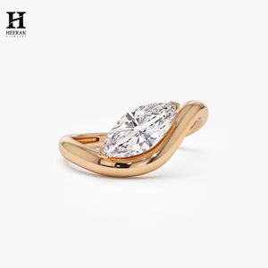 แหวนเพชรทรงมาร์คีส์แบบอีสต์เวสต์ ดีไซน์เฉพาะตัว เพชรเพาะเลี้ยง 14K 18K ทองคำเหลือง วงแหวนโค้งแบบบายพาส ขอบครึ่งวงแบบโซลิแทร์ - Product Image 1