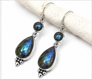 Natural Labradorite <b>Silver</b> <b>Dangle</b> <b>Earrings</b>, 925 Sterling <b>Silver</b> Teardrop <b>Earrings</b>, Handmade Blue Flash Gemstone <b>Earrings</b>, - Product Image 1