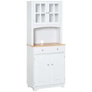 Credenza da Cucina in Legno Massello da 67 Pollici con Dispensa, Ante in Vetro Incorniciato, Armadietti con Ante a Persiana, 2 Cassetti Aperti per Microonde e Piano di Lavoro - Product Image 1