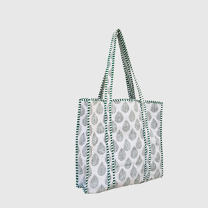 Sac fourre-tout en coton imprimé feuilles avec bordure rayée verte, ouverture supérieure, sac de shopping pour femme, utilisation toutes saisons - Product Image 2