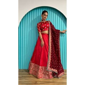 Fil à broder en Georgette ethnique élégant pour dames de la mode Fateha travail Lehenga Choli Dupatta mariage rouge indien pour adultes - Product Image 1
