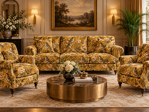 Tela brocada jacquard amarilla con motivos botánicos y de aves, con detalles dorados, para tapicería y decoración de muebles. - Product Image 2