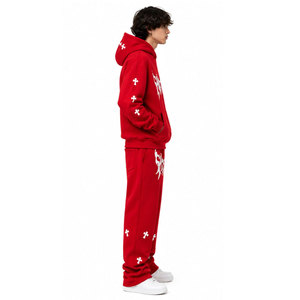 Conjunto de Chándal Casual de Invierno para Hombre OEM Personalizado: Sudadera Pesada con Capucha, Pantalones Acampanados, Estampado Gótico, Bloques de Color y Joggers Apilados - Ropa Exterior - Product Image 4