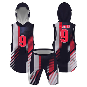 Ensemble short et débardeur à capuche personnalisé, sublimé, bleu marine, rouge et blanc, à rayures géométriques, uniforme de basketball 7v7, joueur 9, service OEM - Product Image 1