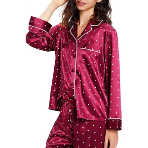 ชุดนอนผ้าซาตินลายจุดสำหรับผู้หญิง แขนยาว ขายาว ดีไซน์หรูหรา ผ้าไหมแท้ 100% ปกคอปกเสื้อ ติดกระดุม - Product Image 2