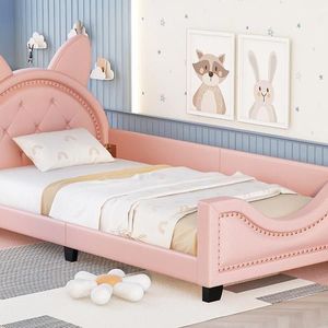 Divano letto imbottito rosa a una piazza e mezza con testiera a forma di orecchie di cartone animato per camerette dei bambini - Product Image 6