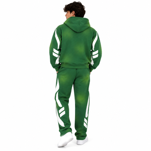 Ensemble de survêtement vert délavé personnalisé pour hommes, avec sweat à capuche zippé et pantalon de jogging, style streetwear athlétique et effet usé, vente en gros à faible MOQ - Product Image 2