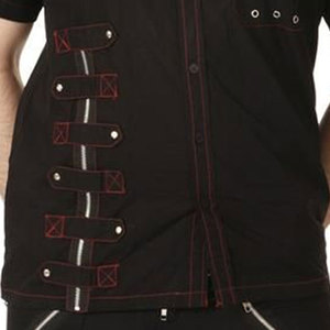 Custom <b>Men's</b> Gothic Short Sleeve Shirt Black Cotton Punk Rock Top with Asymmetric Zippers Straps and Red Stitching - Product Image 4
