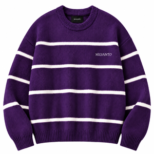 Purple Custom Logo <b>Men</b>’s Striped Knit <b>Sweater</b> Cotton Acrylic Blend Crew Neck Long Sleeve Pullover Jumper Premium <b>Sweater</b> - Product Image 1