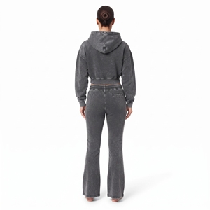 Women Acid Wash Full Zip <b>Crop</b> Top Cotton Fleece Drop Shoulder Drawstring Hoodie And Wide Leg <b>Jogger</b> Set Regular Fit Activewear - Product Image 4