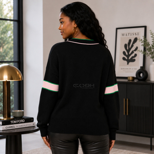 Cosh International Sorority Sisterhood Acrylic <b>Plus</b> <b>Size</b> Knit <b>Cardigan</b> Sweater Jacquard Printed Silk Embroidered <b>Black</b> <b>Cardigan</b> - Product Image 4