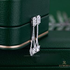 Emerald And Round Cut Lab Grown Diamond Open Drop Halo Cluster 10K Solid <b>Gold</b> Micro Pave <b>Dangle</b> Party Wear Fine <b>Earrings</b> For Her - Product Image 2