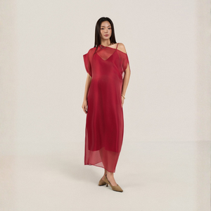 Vestido Casual Holgado y Recto de Organza de Seda Transparente Rojo de Lujo para Verano con Hombro Asimétrico, Estilo Elegante Minimalista de Vietnam, ODM OEM - Product Image 1