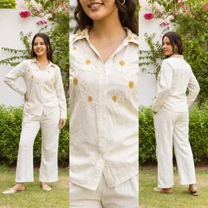 Ensemble deux pièces en coton blanc pour femmes, chemise boutonnée à manches longues, col rabattu, pantalon évasé, tenue décontractée pour le printemps et l'été - Product Image 2