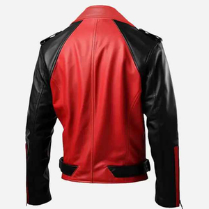 Chaqueta de moto de cuero roja y negra para hombre, cuello vuelto, cierre de cremallera, corte ajustado, estilo invernal, diseño con bloques de color, transpirable en la parte delantera - Product Image 2