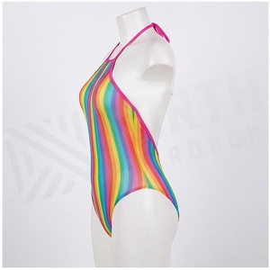 <b>Rainbow</b> Striped Halter One Piece Swimsuit Women Stretch Spandex Polyester Bathing Suit Contrast Binding Print - Product Image 3