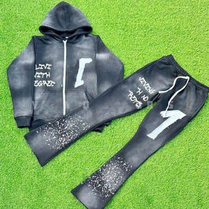 Custom Logo Printed Stylish Winter Wear Men Patches Distress Tracksuit Premium Cotton Fleece Stuff Men Acid Wash Sweat Suit - Product Image 1