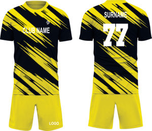 Ensemble de maillots de football personnalisés pour hommes, jaune et noir rayé, sublimé, 100% polyester, respirant, col rond, manches courtes - Product Image 1