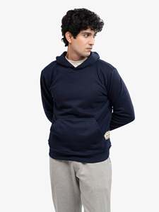 Custom OEM Men's <b>Navy</b> Blue Hooded <b>Sweatshirt</b> Casual Pullover Long Sleeve Hoodie With Front Pocket Solid Color Regular Fit - Product Image 4