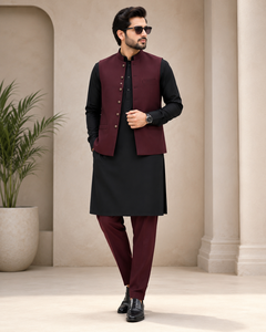 <b>Men's</b> Black Kurta With Maroon <b>Waistcoat</b> <b>And</b> Matching <b>Trousers</b> Traditional Indian Pakistani Casual Wear Regular Fit Cotton Outfit - Product Image 6