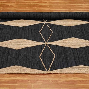 Alfombra Moderna de Yute Negra y Beige con Patrón de Diamantes, Alfombra Tejida Geométrica, Decoración Contemporánea para Sala de Estar y Dormitorio - Product Image 6