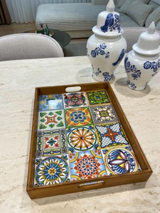 Plateau en bois imprimé style Mid-Century, motif rétro, pour décoration intérieure vintage, plateau de service en gros - Product Image 6