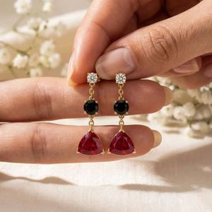 Pendientes de rubí talla trillón hechos a mano con gota de obsidiana negra y acento de circonita cúbica brillante, elegantes piedras preciosas de plata de ley 925 - Product Image 6