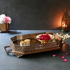 Pure Brass Rectangular Mirror Tray Vintage Gold Mirrored <b>Vanity</b> Mirror Tray Decorative Perfume and <b>Makeup</b> Organizer with Handles - Product Image 2