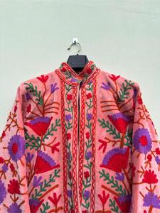 Luxury Pink <b>Velvet</b> Embroidered <b>Jacket</b> With Floral Pattern Full Sleeve Stand Collar Handmade Bohemian Winter Outerwear - Product Image 2