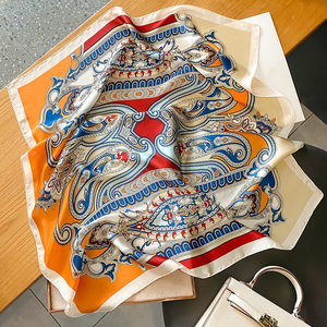 ผ้าพันคอไหมพิมพ์ลายแฟชั่นสีน้ำเงิน ขนาด 70*70 ซม. ผ้าซาตินเนื้อนุ่มสำหรับผู้หญิง ใช้เป็นที่คาดผม ผ้าพันคอ ผ้าผูกผม ผ้าคาดศีรษะ ผ้าพันกระเป๋า - Product Image 5