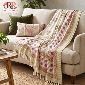 Manta de Sofá 100% Algodón con Estampado Artesanal y Borlas, Manta Floral Hecha a Mano para Sofá, Ropa de Cama Moderna, Transpirable, Decoración del Hogar para Todas las Estaciones - Product Image 4
