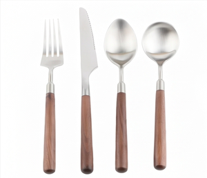 Ensemble de couverts minimalistes en argent avec manches en bois, élégants ustensiles en acier inoxydable pour la salle à manger, la cuisine, la maison et les restaurants - Product Image 1