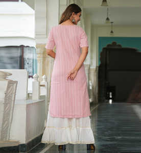 Kurta Droite Imprimée à Rayures et Broderies, Couleur Rose, Élégante, Ethnique, pour Femme, Été, 100% Coton, Séchage Rapide, Protection Solaire - Product Image 3