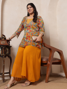 DEEBACO Conjunto coordinado de moda para mujer: Top floral de georgette hasta el tobillo con Kurti y Sharara, elegante cuello en V - Product Image 3
