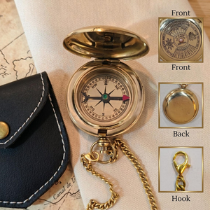 Vintage Brass Perpetual Calendar Pocket <b>Compass</b> with Leather Case and <b>Chain</b> Handmade Nautical Maritime Navigation Gift - Product Image 1