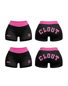 Shorts booty en molleton de coton et polyester 280 GSM, bleu marine foncé, ceinture contrastante beige, impression logo personnalisée, pour femmes. - Product Image 1