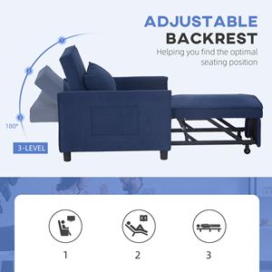 3-in-1 Convertible Blue Sofa Bed Pull Out Sleeper Chair with Adjustable <b>Backrest</b> and Pillow Pockets - Product Image 5