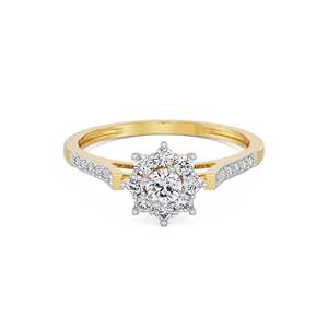 Bague de Fiançailles et de Mariage de Luxe en Moissanite Plaqué Or, Centre Rond Brillant, Bande Accélérée avec Pavé Floral pour Anniversaire de Mariage - Product Image 4