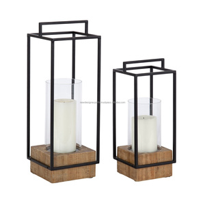 Premium 2-Piece Iron Wire <b>Lantern</b> <b>Set</b> • Industrial Cuboid Glass Hurricane Centerpiece - Product Image 2