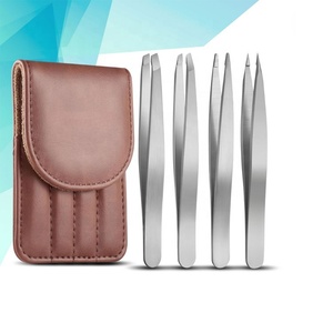 Ensemble de 4 pinces à épiler en acier inoxydable pour sourcils et poils incarnés avec étui en cuir PU, kit d'outils de toilettage de précision - Product Image 1