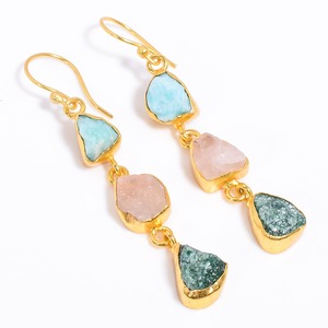 Brass Gemstone <b>Earring</b> Jewelry,Three Stone Neon Apatite, Blue Kyanite, Citrine Gemstone <b>Earring</b> Jewelry, 18k Gold Plated Jewelry - Product Image 4