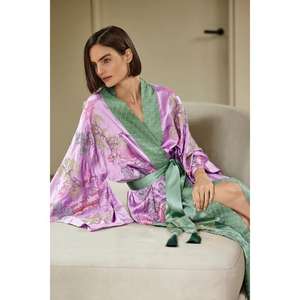 Robe Kimono Longue en Satin Rose et Vert Teint Uni Écologique pour Femme avec Ceintures, Idéale pour la Détente - Product Image 3