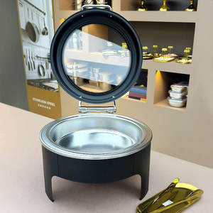 Round Visual Chafing Dish Stainless Steel <b>Buffet</b> Warmer with Glass Lid Ornate Gold Pillar Food <b>Server</b> Hotel Catering - Product Image 1