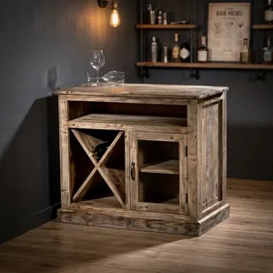 Armoire à vin vintage en bois avec porte en verre, étagère de rangement, armoire de bar rustique pour salon, salle à manger - Product Image 2
