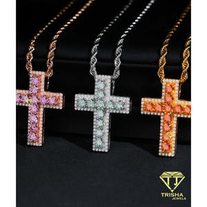 Colgante de cruz con incrustaciones de diamantes redondos de colores cultivados en laboratorio, hecho en plata de ley 925, joyería hip hop. - Product Image 5