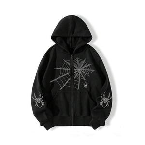 Sweat à capuche zippé noir de qualité supérieure avec impression d'araignée et strass, motif toile d'araignée en molleton français - Product Image 1