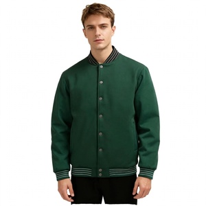 Chaqueta bomber verde para hombre, ropa exterior informal, lisa, con botones, estilo universitario, con cuello y puños acanalados a rayas. - Product Image 1