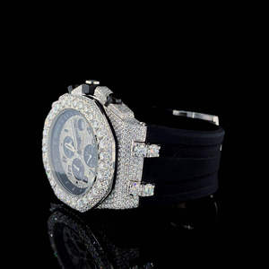 Luxury Half Iced Leb Grown Diamond Black Stainless Steel Strap Glass <b>Crystal</b> 20mm Date Chronograph Fully Customized Men's <b>Watch</b> - Product Image 4