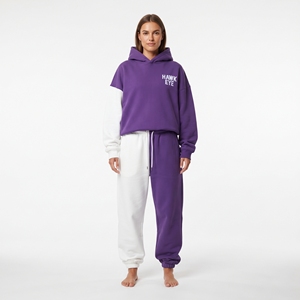 Ensemble de survêtement deux pièces à capuche pour femme, bicolore violet et blanc, en coton épais personnalisé, décontracté, à manches longues, coupe ample, pour usage quotidien - Product Image 5