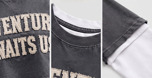 Wholesale Double Layer Crop T Shirt <b>Distressed</b> Embroidered Crew Neck Tee Drop Shoulder Stone Washed T-Shirt 100% Cotton Crop <b>Top</b> - Product Image 5
